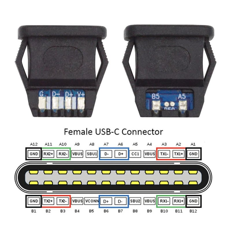 Cablecc 5pcs/Set DC Power 5V/20V DIY OEM Type C Female Socket Connector to 6Pin PCBA Pinout PD IP67（Rectangle Latch Mount Type） - Image 3